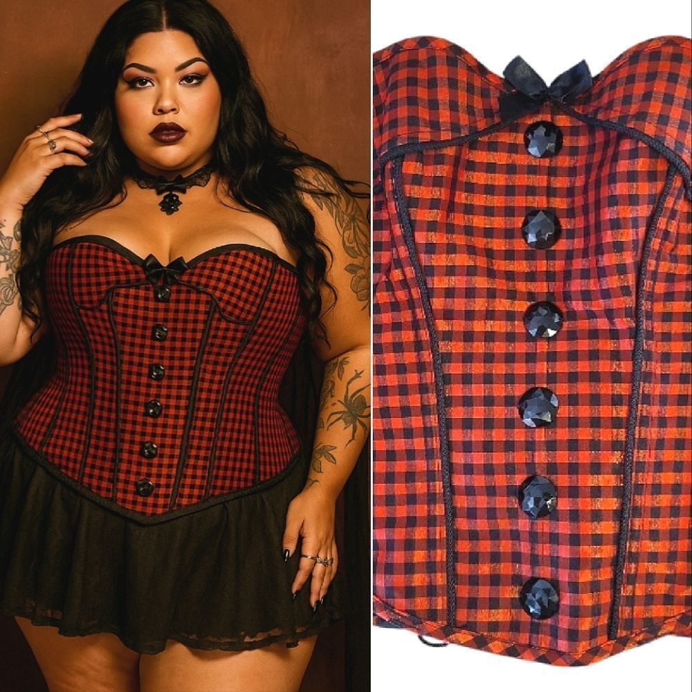 Hips & Curves‎ Red Black Checkered Plaid Lace Up Back Corset Plus 1X Whimsigoth